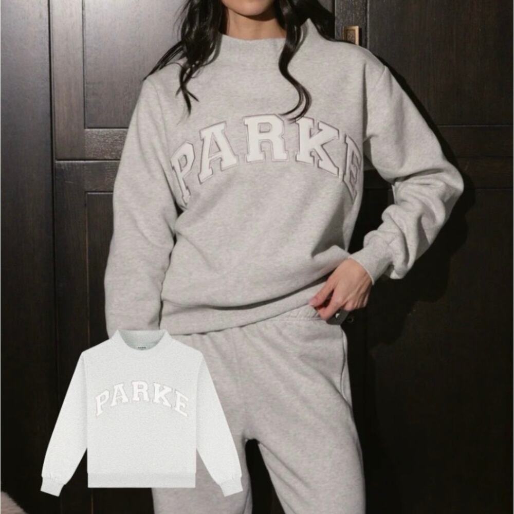 Parke Metallic Mockneck Varsity Sweatshirt Grey & White Athleisure Size L/XL